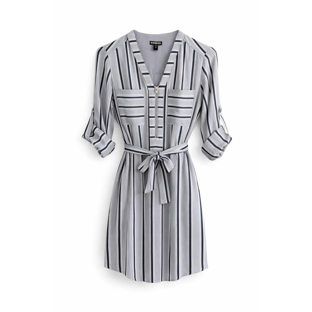 Express XS Gray Striped Shirt Dress Front Tie Waist Long Sleeve Mini Casual Chic